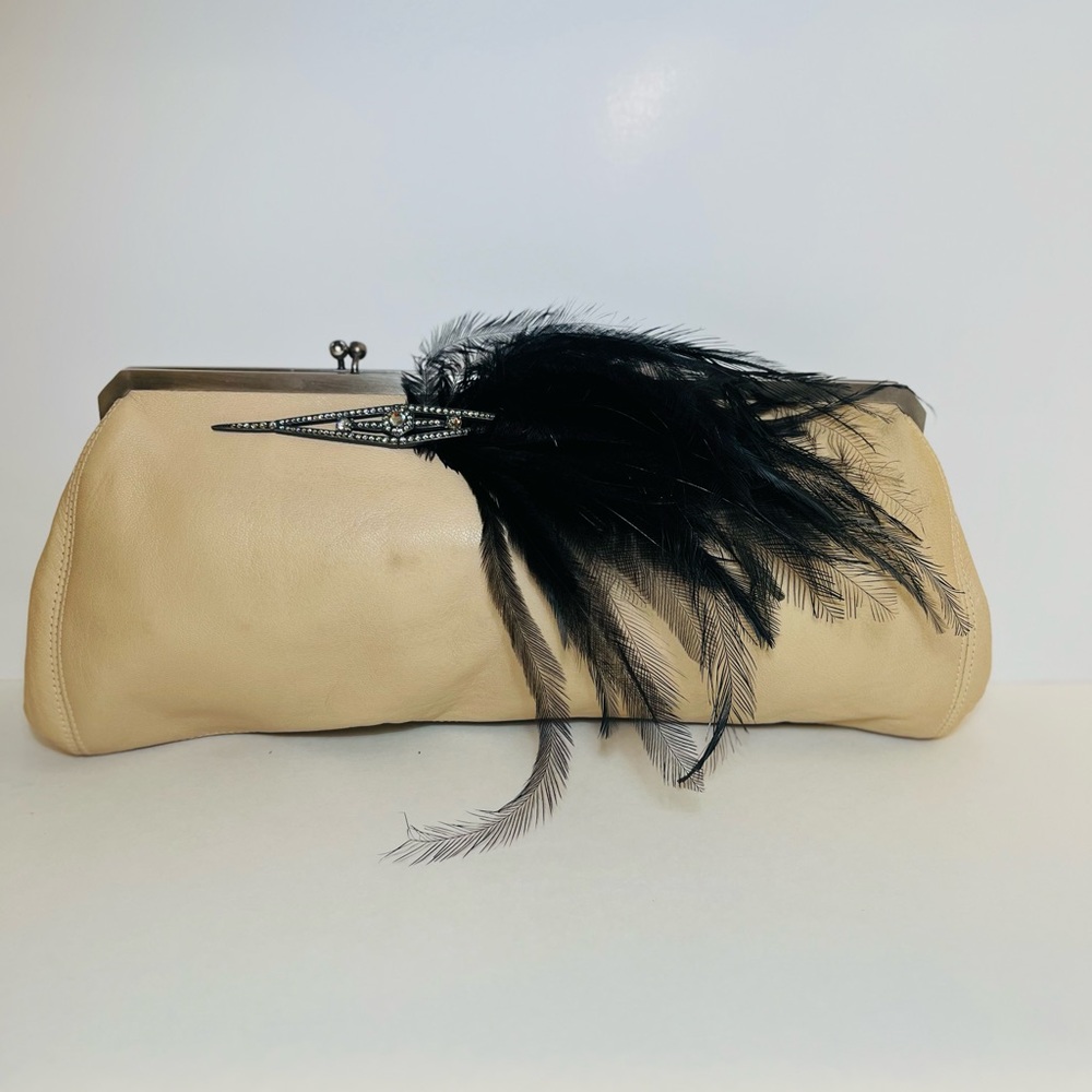 Lanvin Cream Kiss Lock Clutch with Black Feather Detail